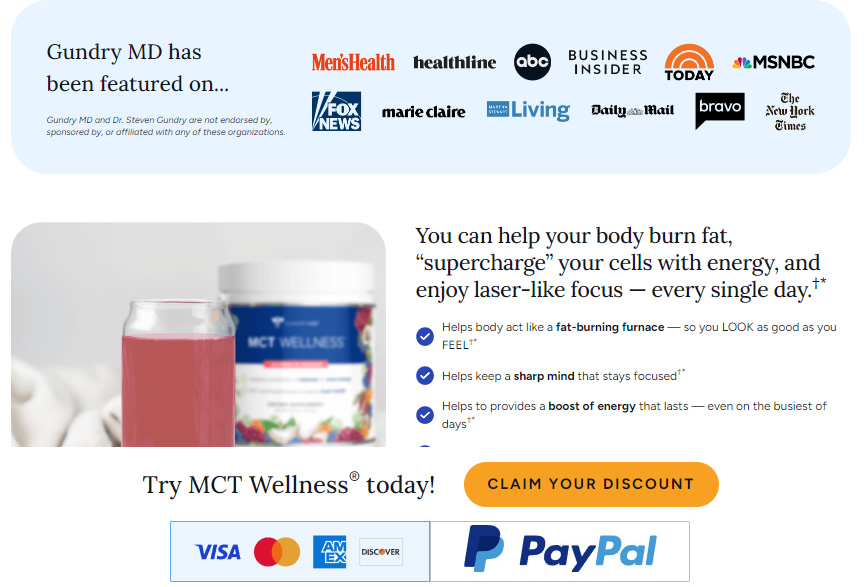 Image of Gundry MCT Wellness product with a review addressing reviews, hoax concerns, and scam claims